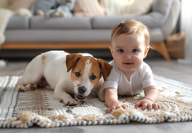 写真 木製のおもちゃで遊んでいる赤ちゃんと犬の写真