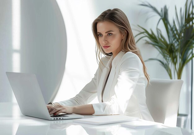 Фото Фотопортрет молодой красивой женщины, пишущей на ноутбуке в своей офисной комнате
