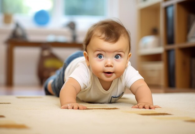 写真 床に横たわっている可愛い赤ちゃんの肖像画