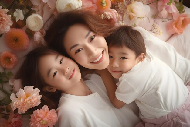 사진 행복한 사랑을 즐기는 사진 초상화 아시아 가족 어머니와 작은 아시아 소녀 아이 미소