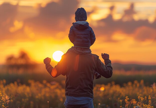 写真 夕暮れの畑で父親が肩に子供を抱いている写真