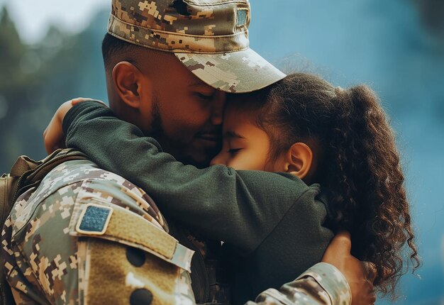 写真 娘を抱きしめる幸せな愛する軍人父の写真