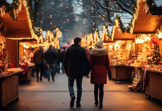 写真 クリスマスマーケットでクリスマスの冬の服を着た素敵なロマンチックなカップルの写真肖像画