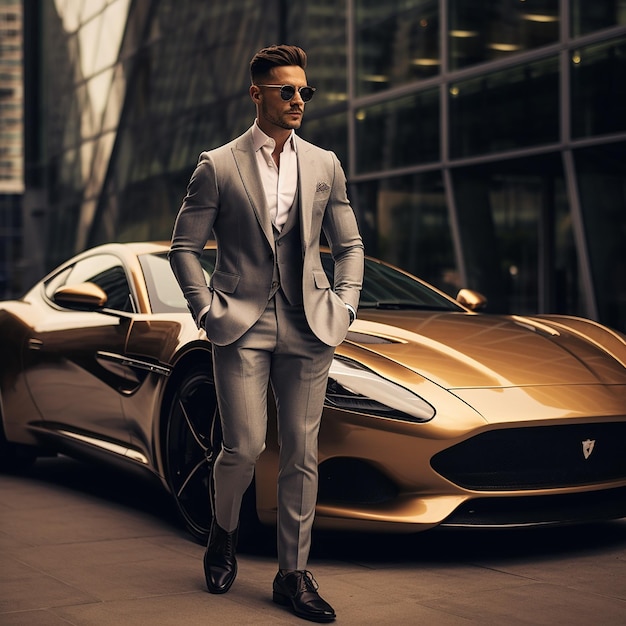 写真 ハンサムでスタイリッシュなビジネスマンと豪華な車の肖像画