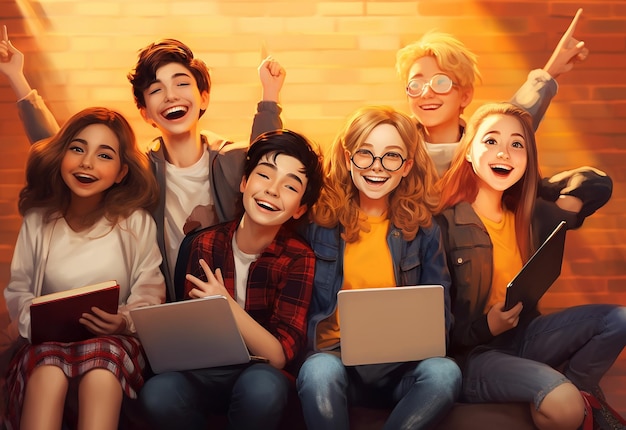 Фото Фотопортрет школьников, подростков, группы друзей, веселящихся вместе с ноутбуком