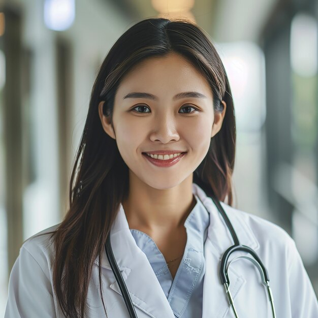 사진 미소 짓는 젊은 아름다운 아시아 여성 의사의 사진 초상화