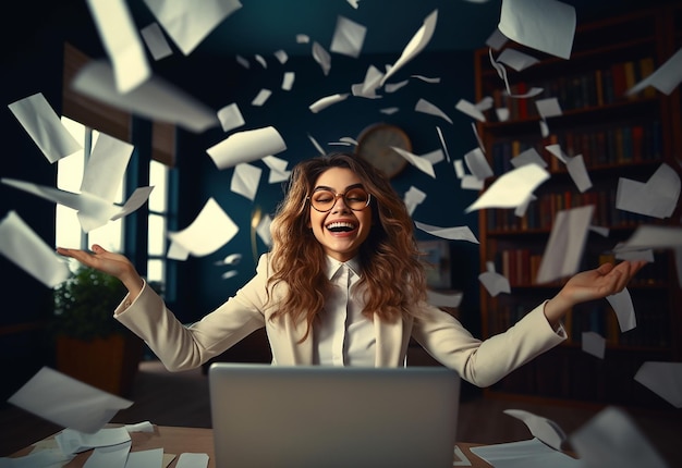 Фото Фотопортрет молодой счастливой деловой женщины в офисе с падающими летящими бумагами вокруг нее