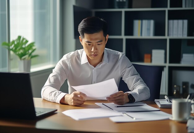 사진 노트북으로 일하는 젊은 전문 사업가 사무실 보스의 사진 초상화