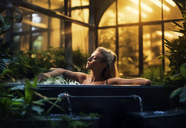 Фото Фотопортрет молодой женщины, расслабляющейся в естественном бассейне в лесу чувственная гидротерапия