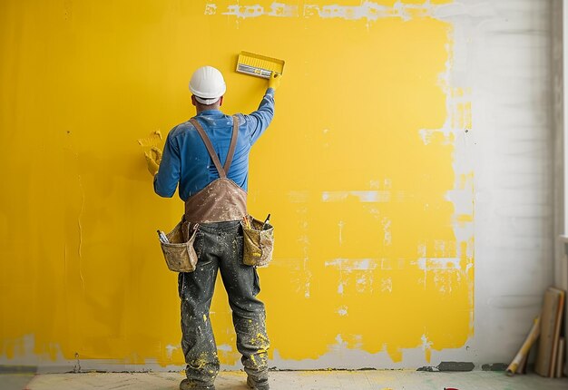 Photo portrait of painter man paints new building and holds roller wears uniform