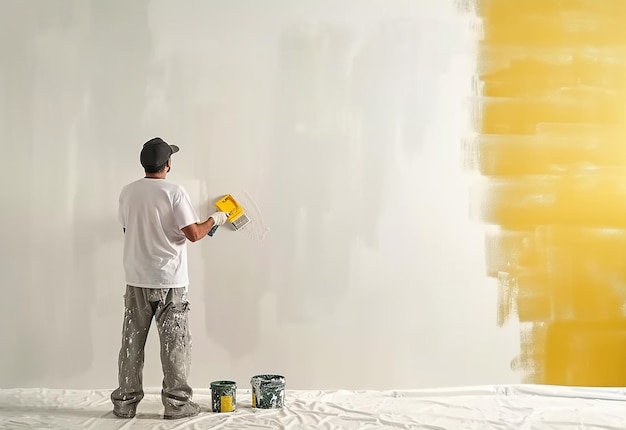 Photo portrait of painter man paints new building and holds roller wears uniform