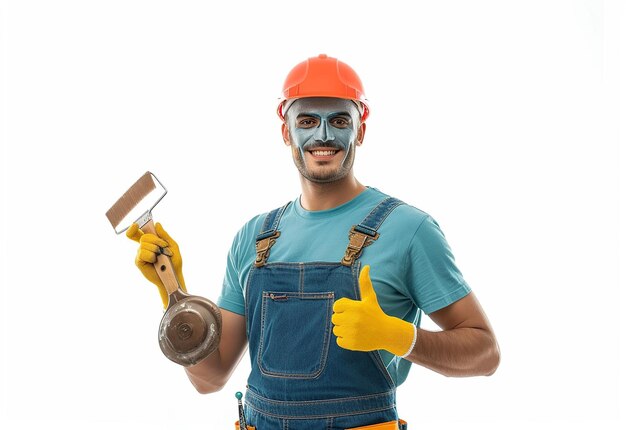 Photo portrait of painter man paints new building and holds roller wears uniform