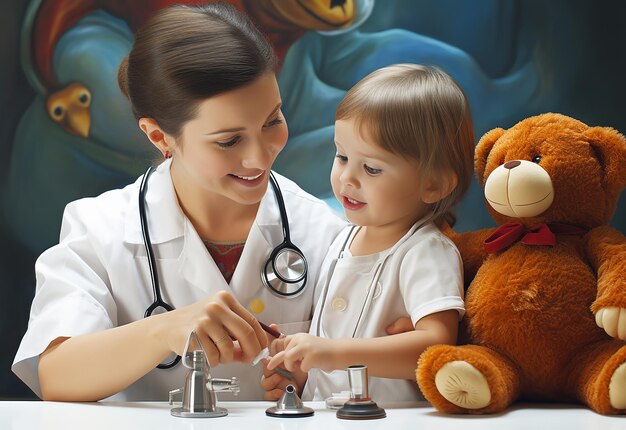 Photo photo portrait of pediatricians with stethoscope checking baby and holding teddy bear toy