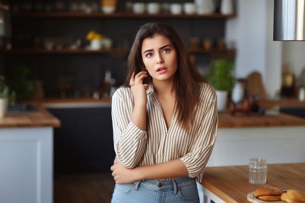 Photo a photo of portrait of a pensive young woman standing in the kitchen generative ai