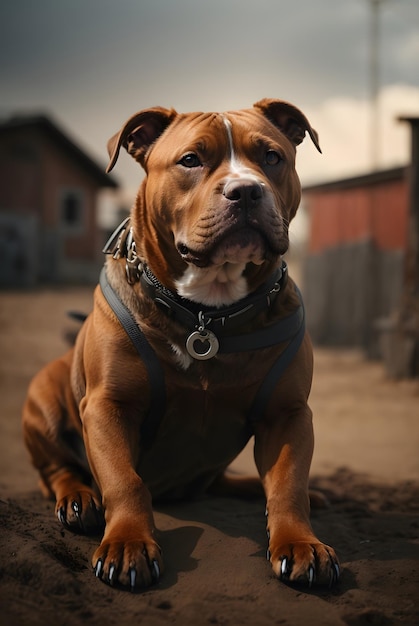 photo portrait of a pitbull dog on garden