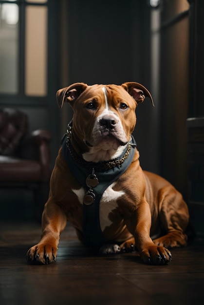 photo portrait of a pitbull dog on garden