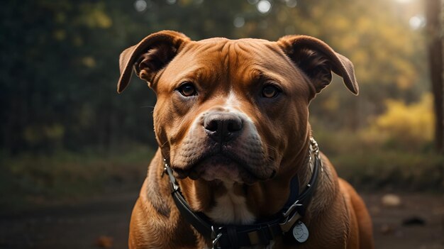 photo portrait of a pitbull dog on garden