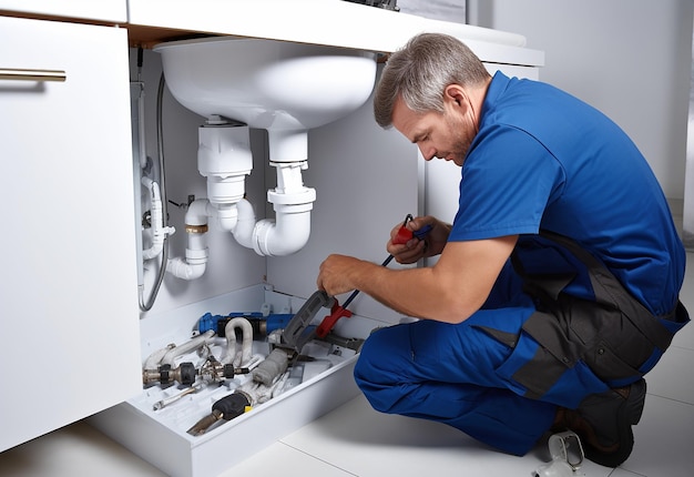 Photo portrait of plumber working