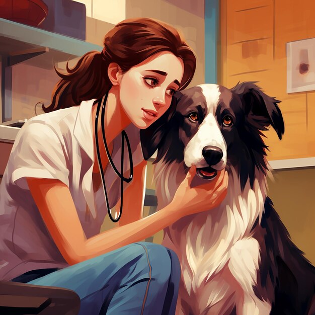 Photo portrait of a sad dog owner petting her sick border collie dog