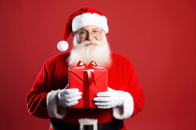 Photo portrait of a santa claus holding a gift box one color background