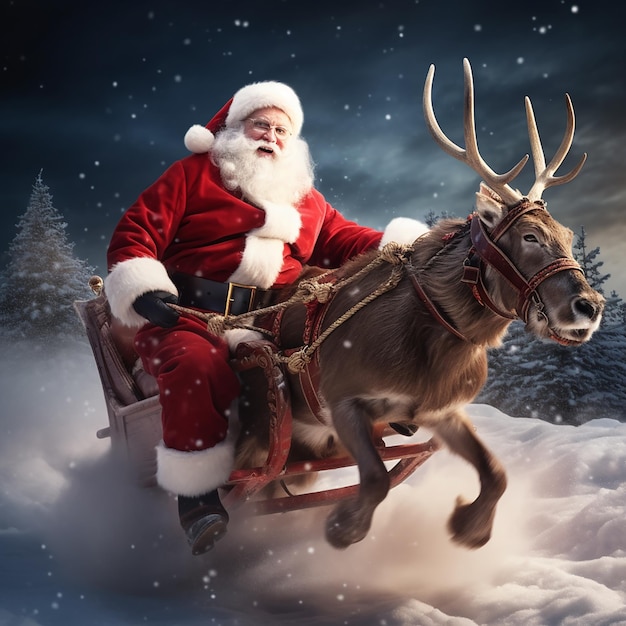 Photo photo portrait of santa claus reindeer sled flies over the moon and sky of the earth