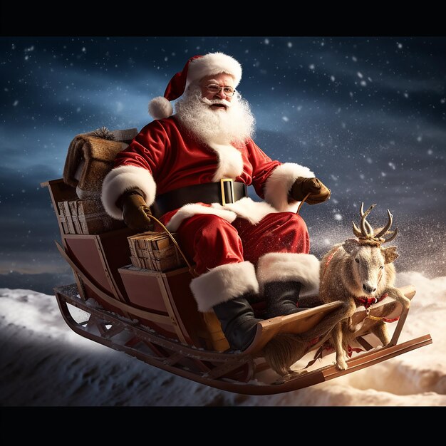 Photo portrait of Santa Claus reindeer sled flies over the moon and sky of the earth