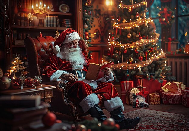 Photo portrait of santa claus with Christmas background and presents gift boxes