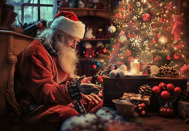 Photo portrait of santa claus with Christmas background and presents gift boxes