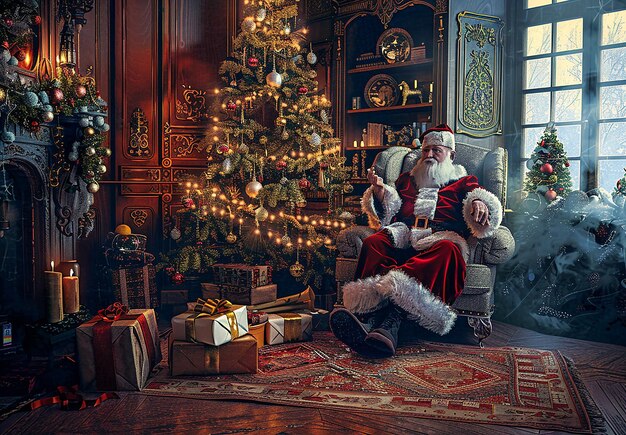 Photo portrait of santa claus with Christmas background and presents gift boxes