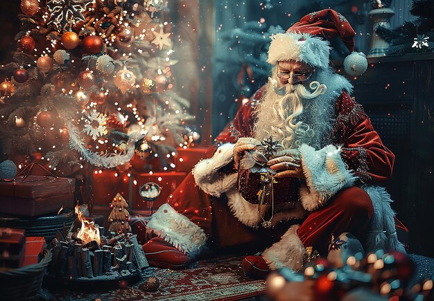 Photo portrait of santa claus with Christmas background and presents gift boxes