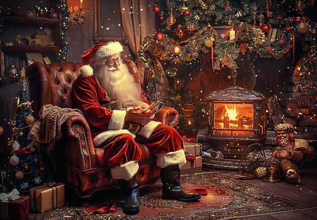 Photo portrait of santa claus with Christmas background and presents gift boxes