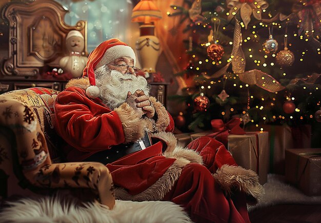 Photo portrait of santa claus with Christmas background and presents gift boxes