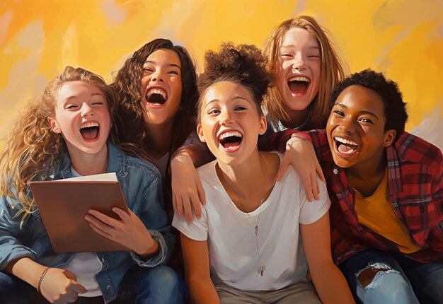 Photo portrait of school students teenagers friends group having fun together with laptop