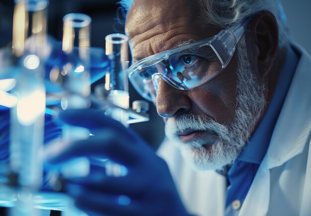 Foto ritratto fotografico di un assistente di laboratorio scientifico in un laboratorio con tubi di prova durante la ricerca