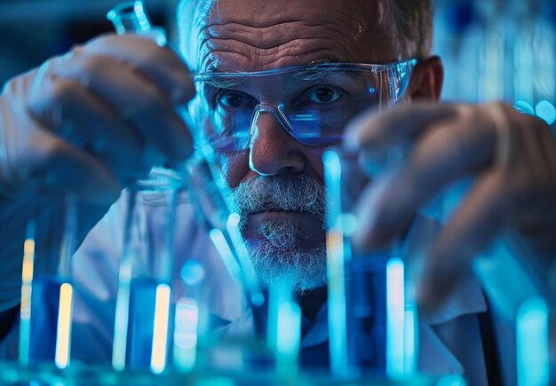 Foto ritratto fotografico di un assistente di laboratorio scientifico in un laboratorio con tubi di prova durante la ricerca