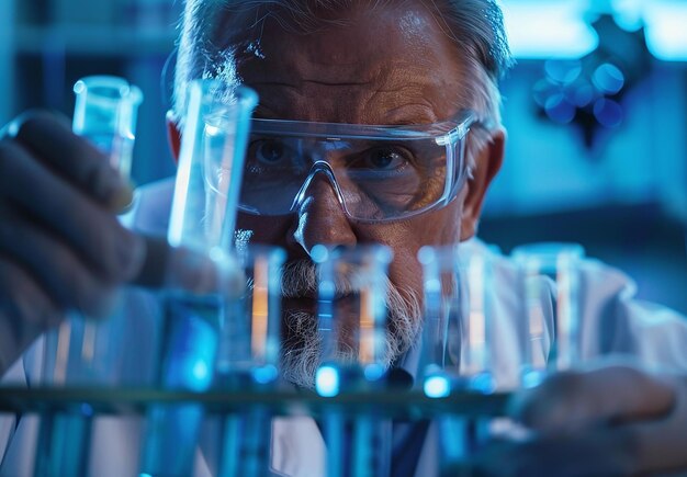 Foto ritratto fotografico di un assistente di laboratorio scientifico in un laboratorio con tubi di prova durante la ricerca