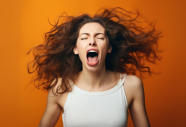 Photo portrait of screaming woman with aggression concept