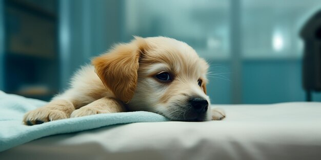 Photo portrait of a sick puppy about to have a revision in the hospital