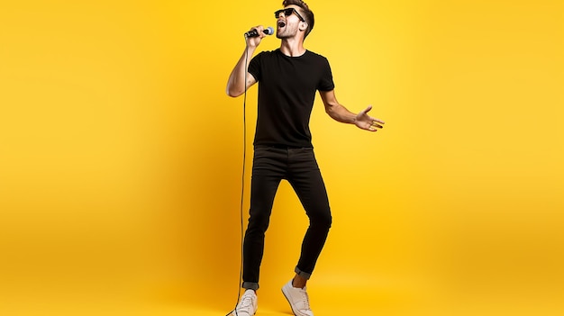 Photo photo portrait of singing a song through a microphone and dancing