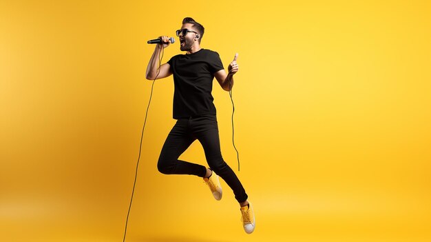 Photo portrait of singing a song through a microphone and dancing