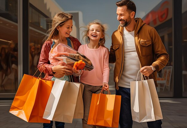 Photo portrait of a smiling happy family going to shopping with bags