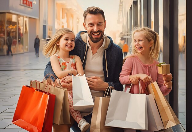 Photo portrait of a smiling happy family going to shopping with bags