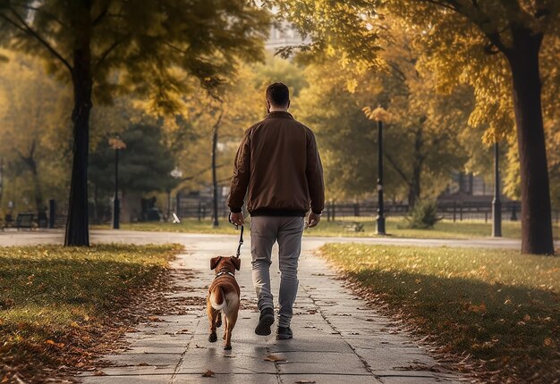 Photo photo portrait of smiling man with his dog in the nature park