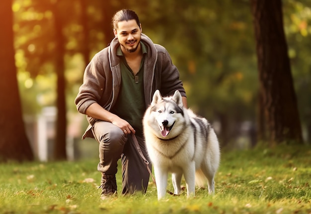 Photo portrait of smiling man with his dog in the nature park