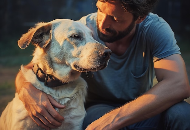 Photo Portrait of smiling man with his dog in the nature park