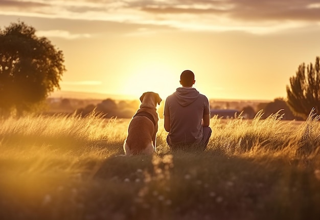 Photo Portrait of smiling man with his dog in the nature park