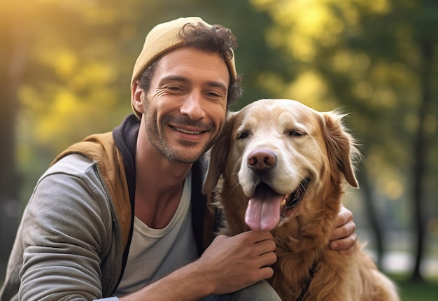 自然公園で笑顔の男と犬の肖像画