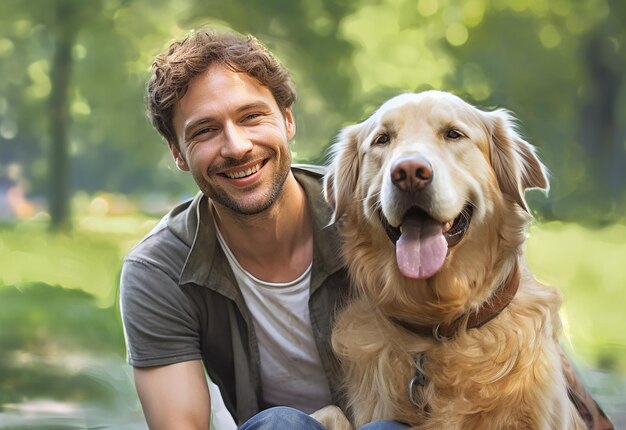 自然公園で笑顔の男と犬の肖像画