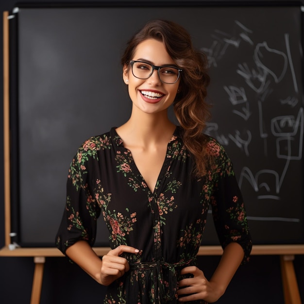 Foto ritratto fotografico di un insegnante sorridente che tiene in mano dei libri in classe