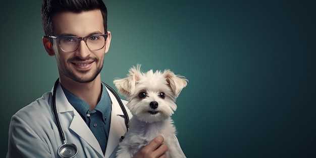 Photo portrait of a smiling veterinarian in blue latex gloves